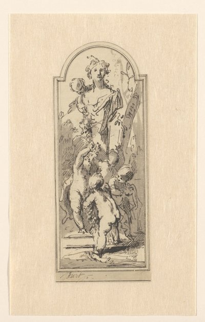 Putti med byst av kvinna mellan träd av Jacob de Wit
