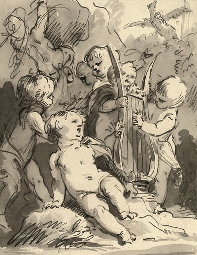 Putti spelar en lyra (röd krita, penna och svart bläck och grå tvätt) av Jacob de Wit