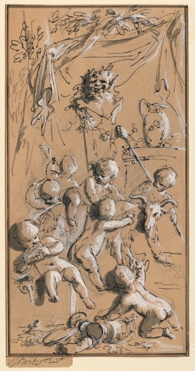 Putti leker framför en herm av Jacob de Wit