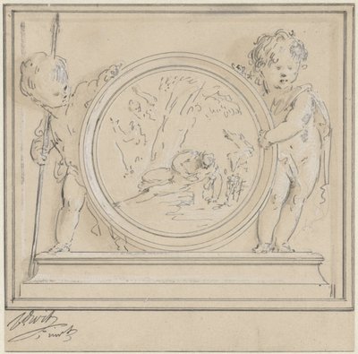 Två putti med medaljong, där Narcissus och Echo av Jacob de Wit
