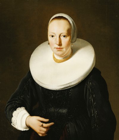 Porträtt av en dam, halvlängd, i en svart applikationsmakare och klänning och en kvarnstensruff, av Jacob or Jacques van Loo