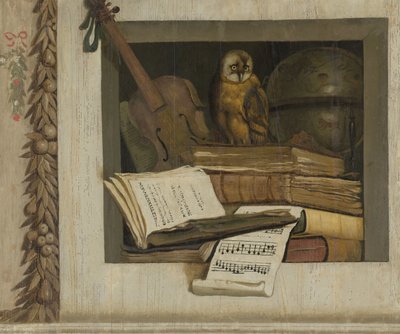 Stilleben med böcker, notblad, fiol, himlaklot och en uggla av Jacob van Campen