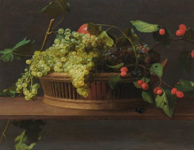 En korg med vindruvor och hallon på en avsats av Jacob Van Es