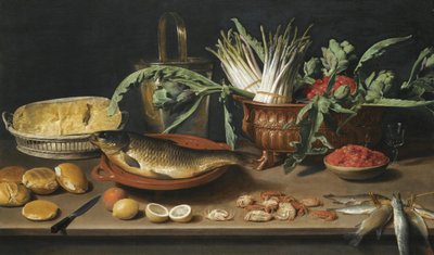 Stilleben med en fisk på en terrakottatallrik, sparris, kronärtskockor och körsbär i ett skålat fat, tillsammans med en halv ost i en korg, brödrullar, fraises de bois, citroner, apelsiner och krabbor, allt arrangerat på en bordsskiva av Jacob Van Es