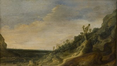 Bergslandskap med utsikt över en flod och havet av Jacob van Geel