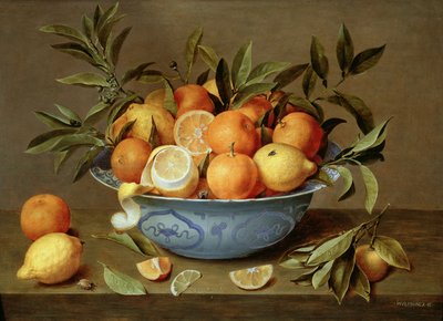 Stilleben med appelsiner og citroner i et Wan-Li porcelænsfad swed av Jacob van Hulsdonck