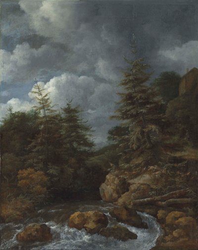 Ett flodlandskap med granar vid en kaskad av Jacob van Ruisdael