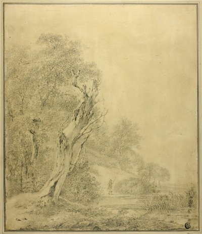 Dött träd vid vattenbrynet, figur närmar sig med påle av Jacob van Ruisdael