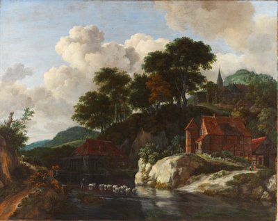 Kuperat landskap med vattenkvarn av Jacob van Ruisdael
