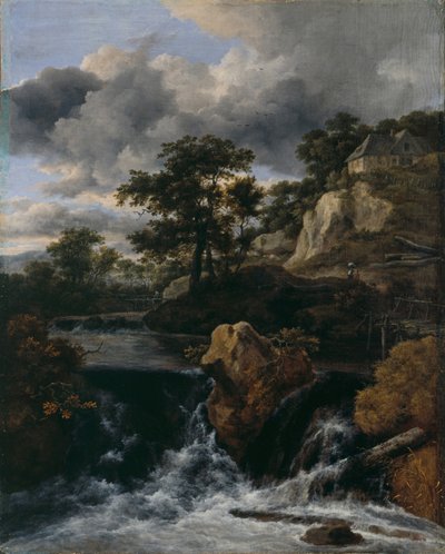 Kuperat landskap med ett vattenfall av Jacob van Ruisdael