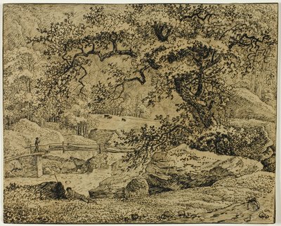 Landskap med figur som vilar under träd vid bäck av Jacob van Ruisdael