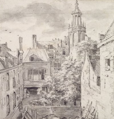 Utsikt över innergården till House of the Archers of the St. Sebastian Guild på Singel i Amsterdam (penna och tvätt på papper) av Jacob van Ruisdael