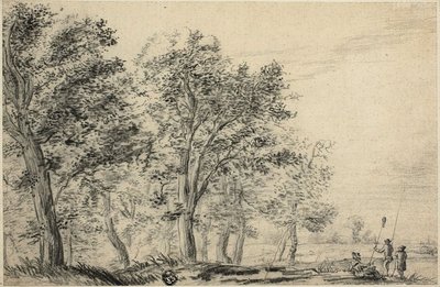 Skogbevuxen flodlandskap med tre personer som fiskar av Jacob van Ruisdael