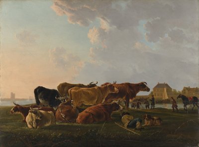 Landskap med boskap, troligen ca. 1800. av Jacob van Strij