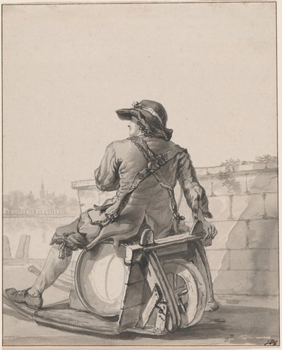 Man sitter på ett fat på en skottkärra av Jacob van Strij
