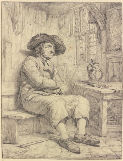 Man sittande vid ett bord med en kanna och pipa av Jacob van Strij