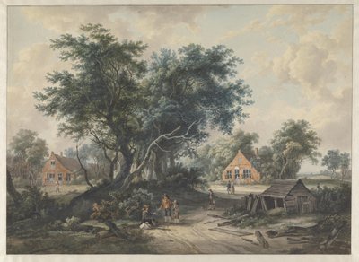 Efter Hobbema. Bondgårdar vid höga träd av Jacob van Strij