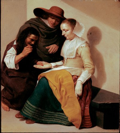 Spåkvinnan Målning av Jacob Van Velsen (efter 1625-c. 1656) 1631 Sön. 26x23 cm Paris, musee du Louvre - Spåkvinnan, av Jacob Van Velsen (efter 1625-c.1656). Olja på koppar, 26 x 23 cm av Jacob van Velsen