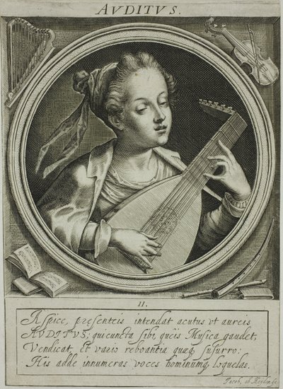 Ljud, plansch två från De fem sinnena av Jacob van der Heyden
