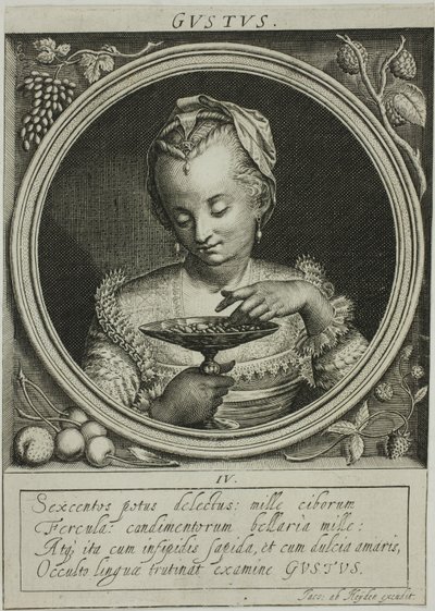 Smak, tallrik fyra från De fem sinnena av Jacob van der Heyden