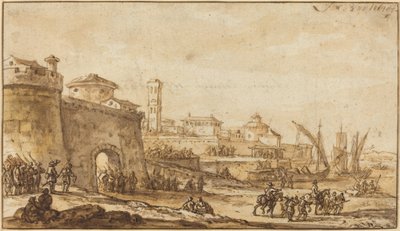 En kustscen med en befäst stad av Jacob van der Ulft