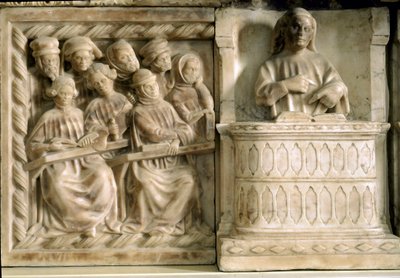 Begravningsmonument över Carlo, Roberto och Riccardo da Saliceto: studenter som går på en kurs (skulptur, ca 1403) av Jacobello and Pier Paolo dalle Masegne