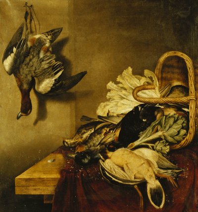 En vältad korg med fåglar, en hare, en kronärtskocka och sallad på en avsats draperad med en röd duk, av Jacobus Biltius