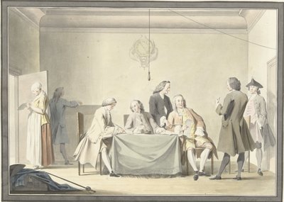 Kommissionärernas möte för att ta emot Liberale Gifte, eller 50:e medaljen, 12 september 1747 av Jacobus Buys (signed by artist)