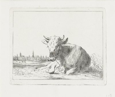 Liggande ko, i bakgrunden en stad av Jacobus Cornelis Gaal