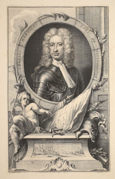 Porträtt av Charles Mordaunt, earl av Peterborough, illustration från "Heads of Illustrious Persons of Great Britain", pub. av Knapton, London 1742 av Jacobus Houbraken
