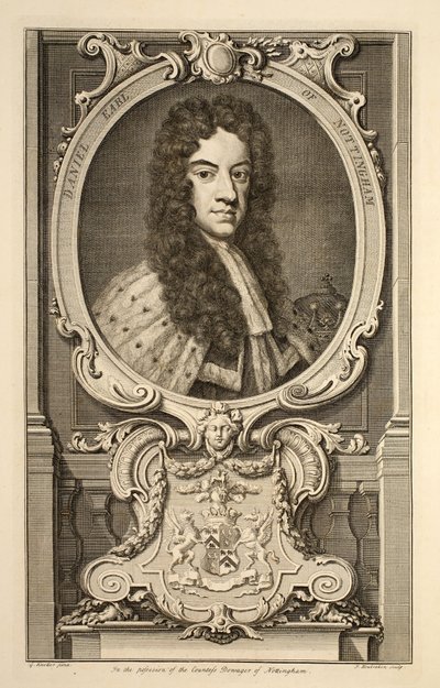 Porträtt av Daniel, Earl of Nottingham, illustration från "Heads of Illustrious Persons of Great Britain", pub. av Knapton, London 1742 (gravyr) av Jacobus Houbraken