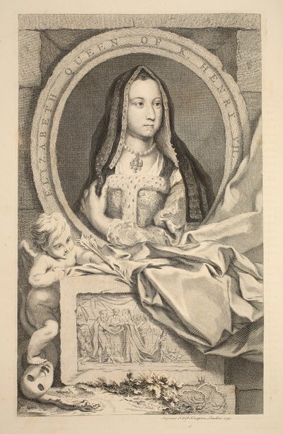 Porträtt av Elizabeth, drottning av Henry VII, illustration från "Heads of Illustrious Persons of Great Britain", pub. av Knapton, London 1742 av Jacobus Houbraken