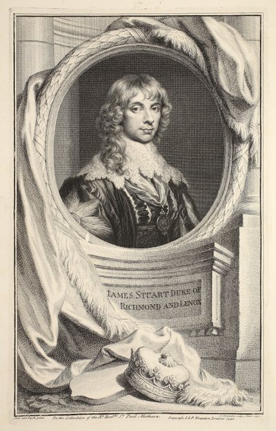 Porträtt av James Stuart, hertig av Richmond och Lennox, illustration från "Heads of Illustrious Persons of Great Britain", pub. av Knapton, London 1742 av Jacobus Houbraken