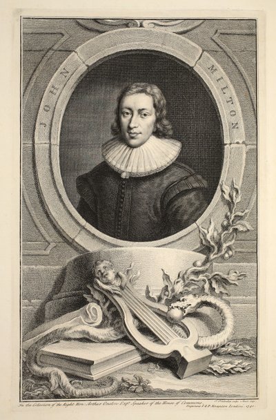 Porträtt av John Milton, illustration från "Heads of Illustrious Persons of Great Britain", pub. av Knapton, London 1742 av Jacobus Houbraken