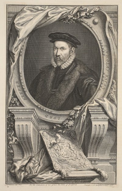 Porträtt av Nicholas Bacon, illustration från "Heads of Illustrious Persons of Great Britain", pub. av Knapton, London 1742 av Jacobus Houbraken