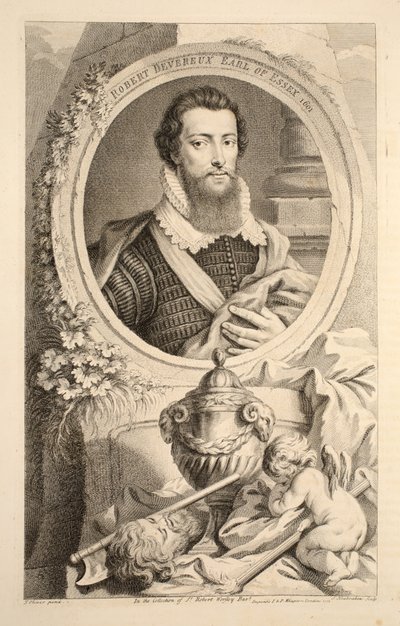 Porträtt av Robert Devereux, Earl of Essex, 1601, illustration från "Heads of Illustrious Persons of Great Britain", pub. av Knapton, London 1742 av Jacobus Houbraken