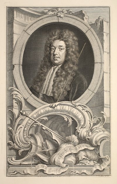 Porträtt av Sidney, Earl of Godolphin, illustration från "Heads of Illustrious Persons of Great Britain", pub. av Knapton, London 1742 av Jacobus Houbraken