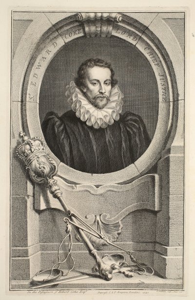 Porträtt av Sir Edward Coke, Lord Chief Justice, illustration från "Heads of Illustrious Persons of Great Britain", utgiven av Knapton, London 1742. av Jacobus Houbraken