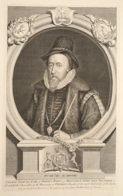 Porträtt av Thomas Sackville, earl av Dorset, baron av Buckhurst, illustration från "Heads of Illustrious Persons of Great Britain", pub. av Knapton, London 1742 av Jacobus Houbraken