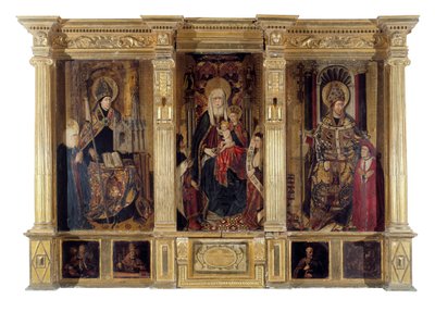 Altartavlan av Sankt Ildefonso (död 667, biskop av Tolede) och Sankt Augustinus av Hippo (ca 354-430, berberfilosof och författare). Målning av Jaume Baco dit Jacomart (1410-1461). Olja på trä, ca 1450, renässanskonst. Cathedrale Sainte Marie la Seu av Jacomart (c.1413 61) Baco