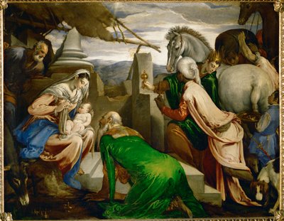 De tre vise männens tillbedjan ... (olja på duk) av Jacopo (1510 92) Bassano