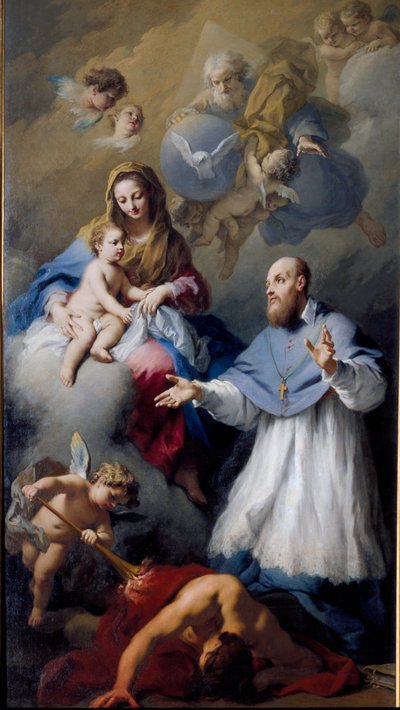 Jungfru och barn med Saint Francois-de-Sales (1567-1622), eveque av Genève Representation av den heliga treenigheten med Jesus Kristus, Gud och den helige Andes duva. Målning av Jacopo Amigoni (1675-1752) 1743 Venedig, kyrkan Santa Maria della Fava av Jacopo Amigoni