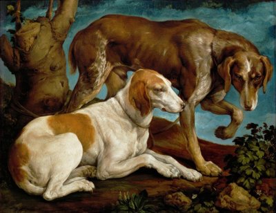 Två jakthundar bundna till en trädstubbe. av Jacopo Bassano