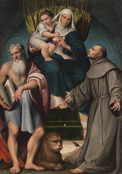 Den heliga Anna och spädbarnet Kristus tronade mellan de heliga Hieronymus och Franciskus, 1541. av Jacopo Bassano il vecchio