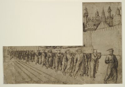 Jungfruns begravning (brunt bläck över svart krita på krämfärgat antikt papper) av Jacopo Bellini