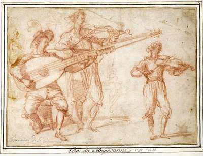 Två musiker som spelar en Chiatarrone och en violin, med en understudie av den andre musikern av Jacopo Confortini