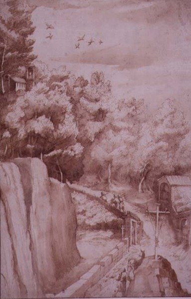 PD.52-1997 Vy över klostret La Verna, vägen som leder till klostret, ca 1607-12 (tvätt, penna och bläck på papper) av Jacopo Ligozzi