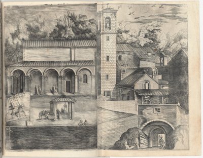 Utsikt över kvadranten: huvuddörren, torget, kyrkan och loggian i klostret Monte della Vernia är i år MD av Jacopo Ligozzi