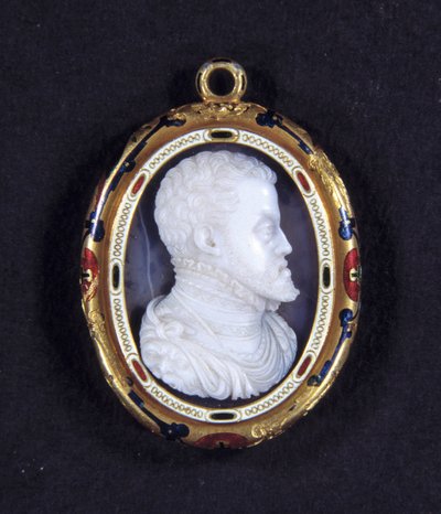 Porträtt av kung Filip II av Spanien (1527-1598). Medaljong i kalcedon av Jacopo Nizzola da Trezzo