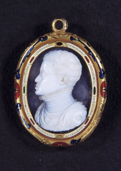 Porträtt av prins Don Carlos (1545-1568) av Spanien. Calcedon medaljong av Jacopo Nizzola da Trezzo